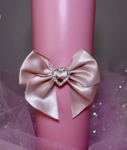 Champagne Pink Rhinestone Heart Satin Bow!